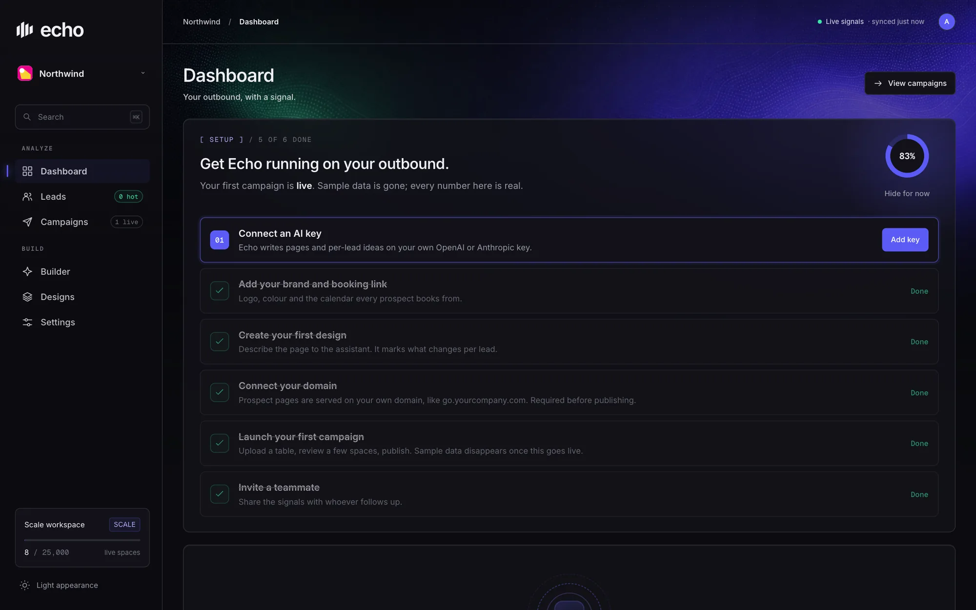 The Echo dashboard with reading signals across campaigns