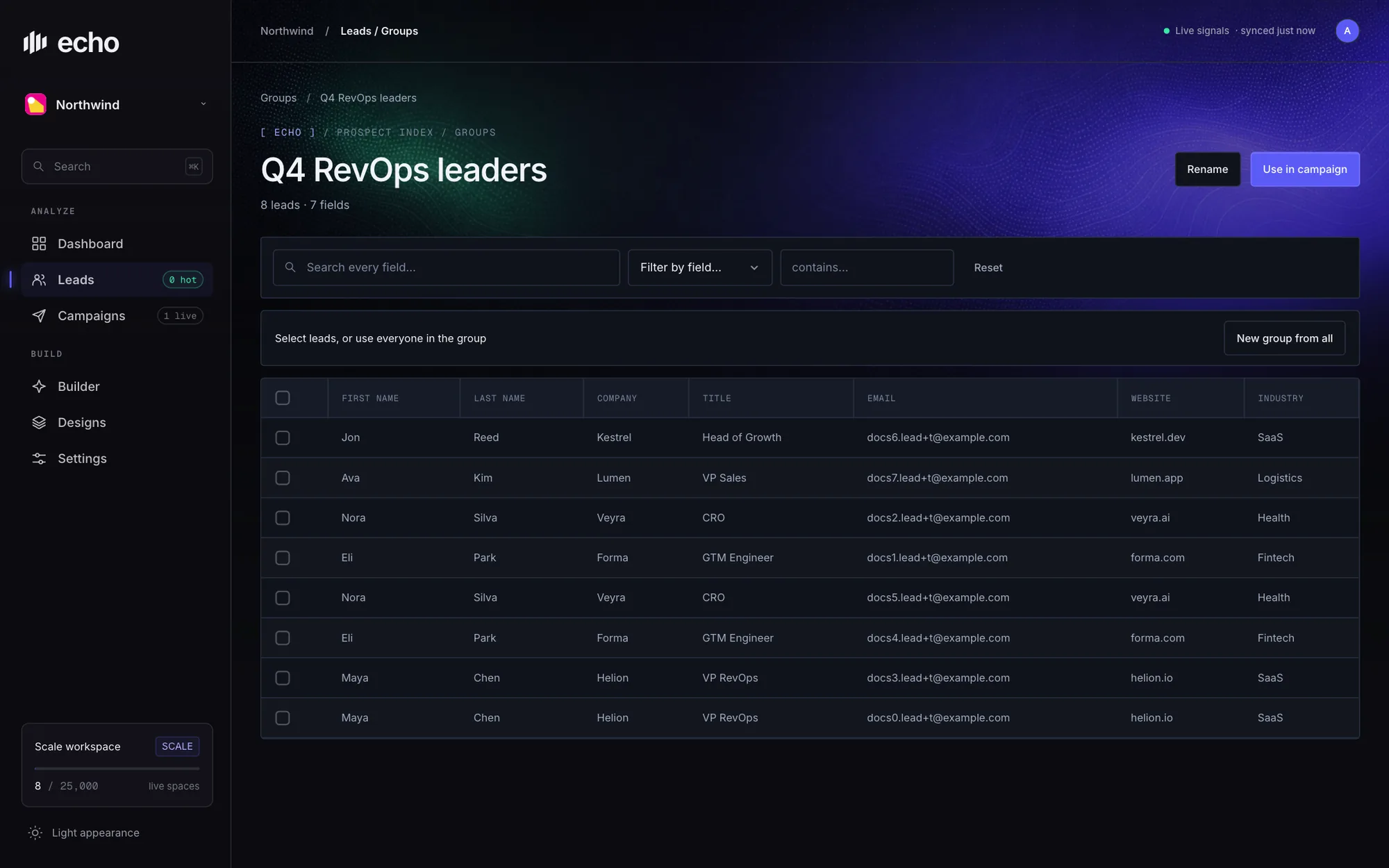 A lead group with search and field filter
