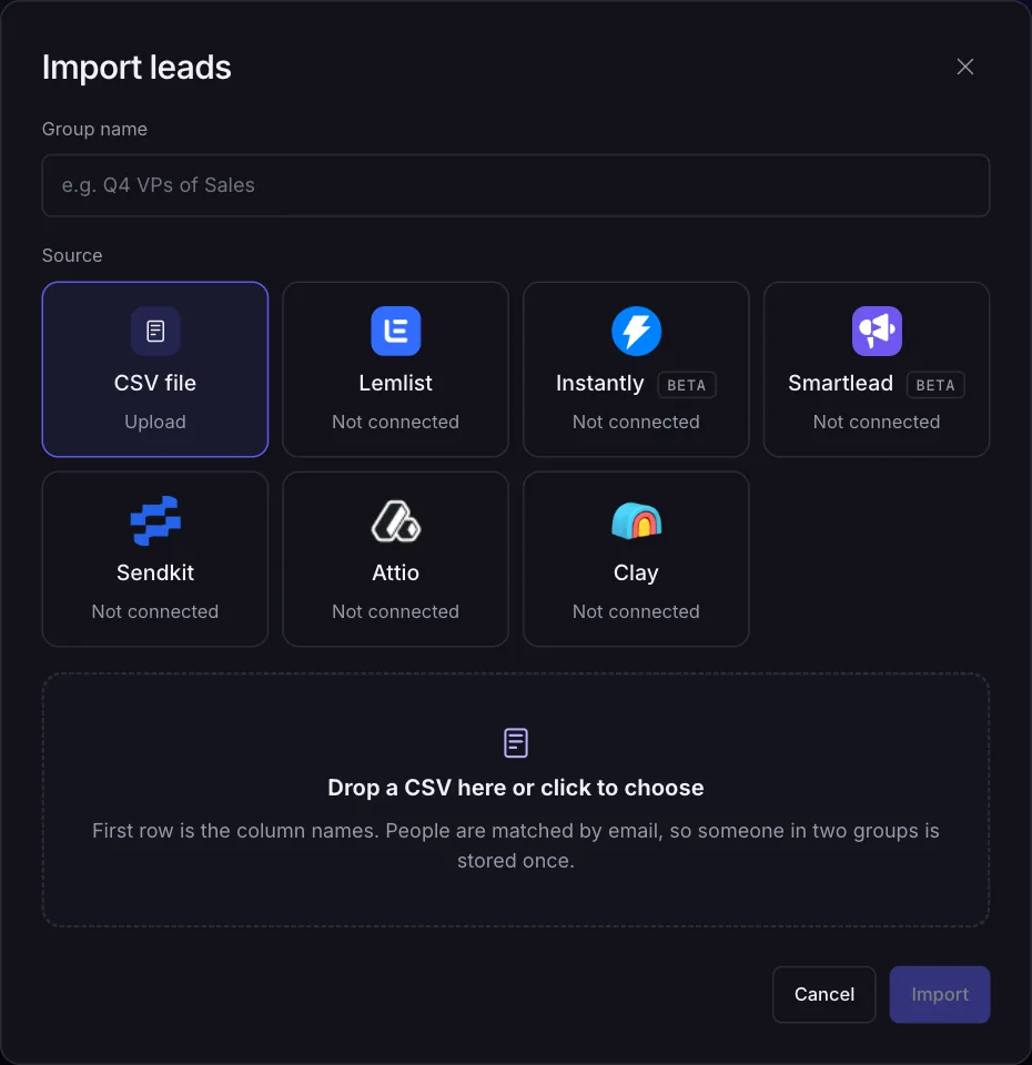 The Import leads dialog